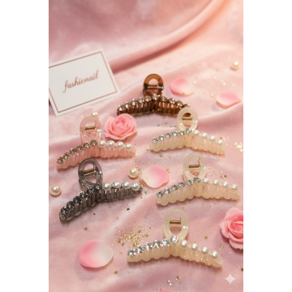 Fashion Alley 10 Cm Stone With Pearl Hair Claw For Women Pack Of 12 Pc