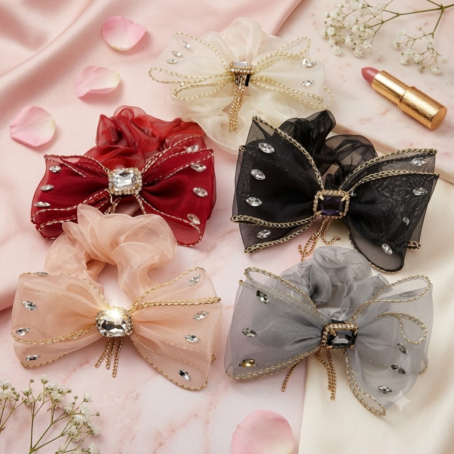 Fashion Alley Bow Scrunchies Rubber Band [Pack Of 12]